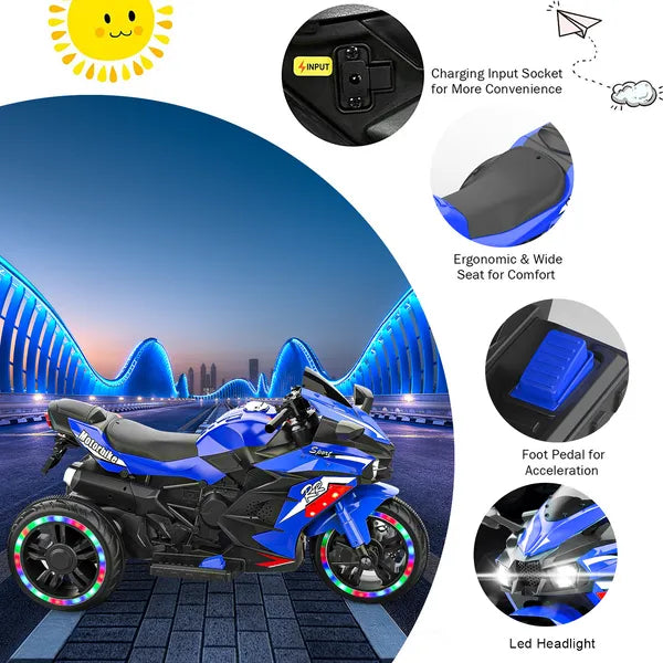 Kids Powered Ride-ons Toy, Kids Motorcycle For 3-6 Years, 12V Electric Ride On Motorcycle With Light Wheel & Bluetooth Music-Blue