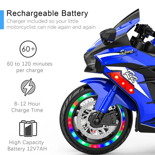 Kids Powered Ride-ons Toy, Kids Motorcycle For 3-6 Years, 12V Electric Ride On Motorcycle With Light Wheel & Bluetooth Music-Blue