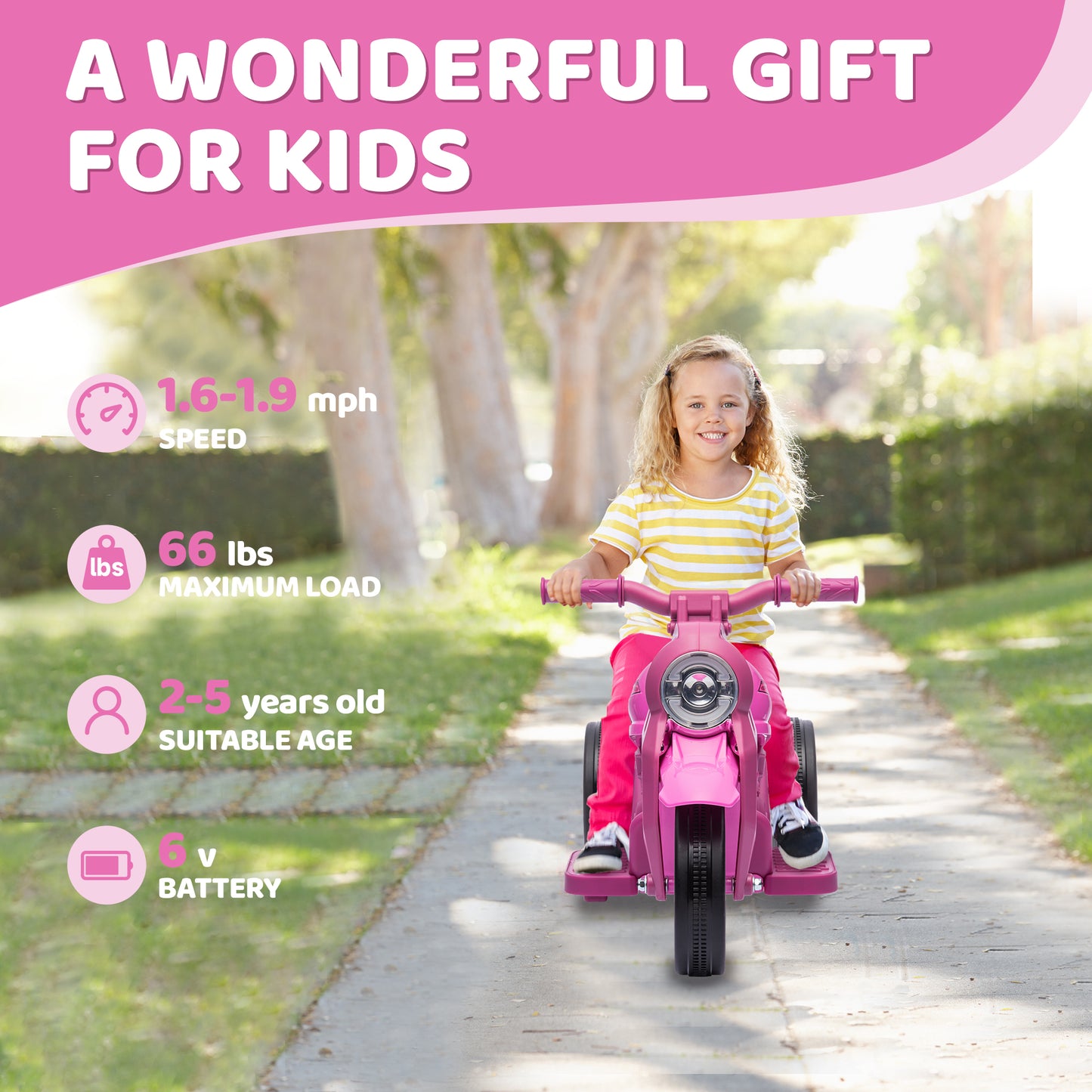 Ride On Motorcycle, 6V Ride on Bubble Car, 3 Wheeled Electric Motorcycle for Kids w/ LED Headlight, Music, Pink