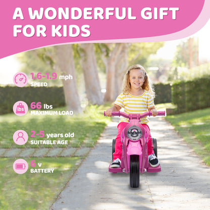 Ride On Motorcycle, 6V Ride on Bubble Car, 3 Wheeled Electric Motorcycle for Kids w/ LED Headlight, Music, Pink