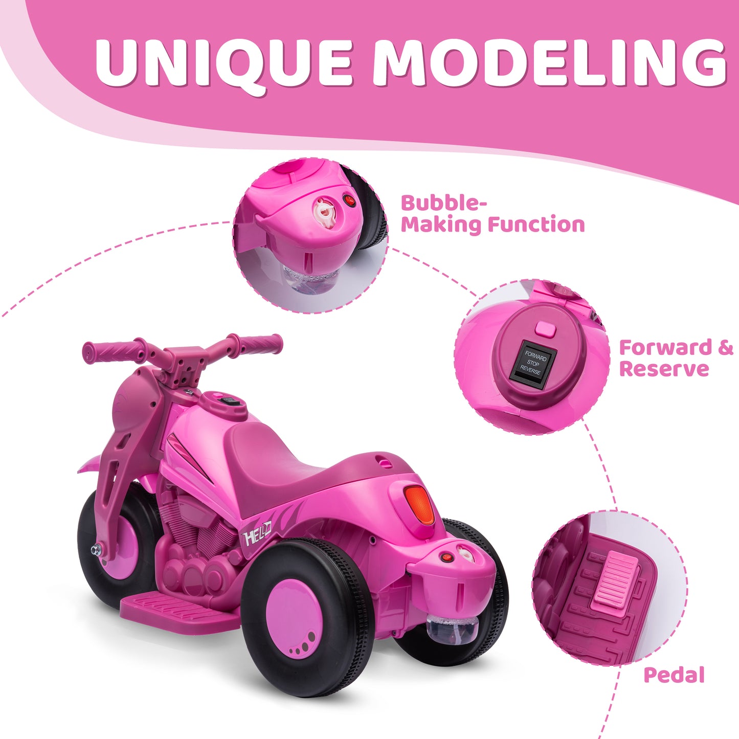 Ride On Motorcycle, 6V Ride on Bubble Car, 3 Wheeled Electric Motorcycle for Kids w/ LED Headlight, Music, Pink